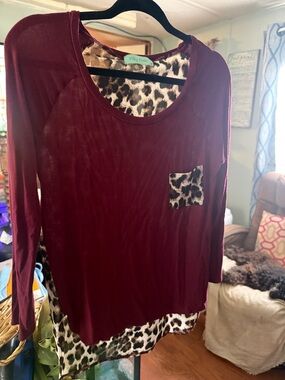 Filly Flair Burgundy Long Sleeve Top with Leopard Trim
